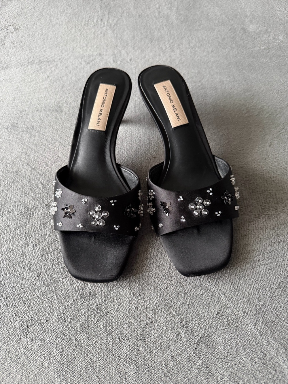 ANTONIO MELANI Black Crystal-Embellished Satin Slide Mules